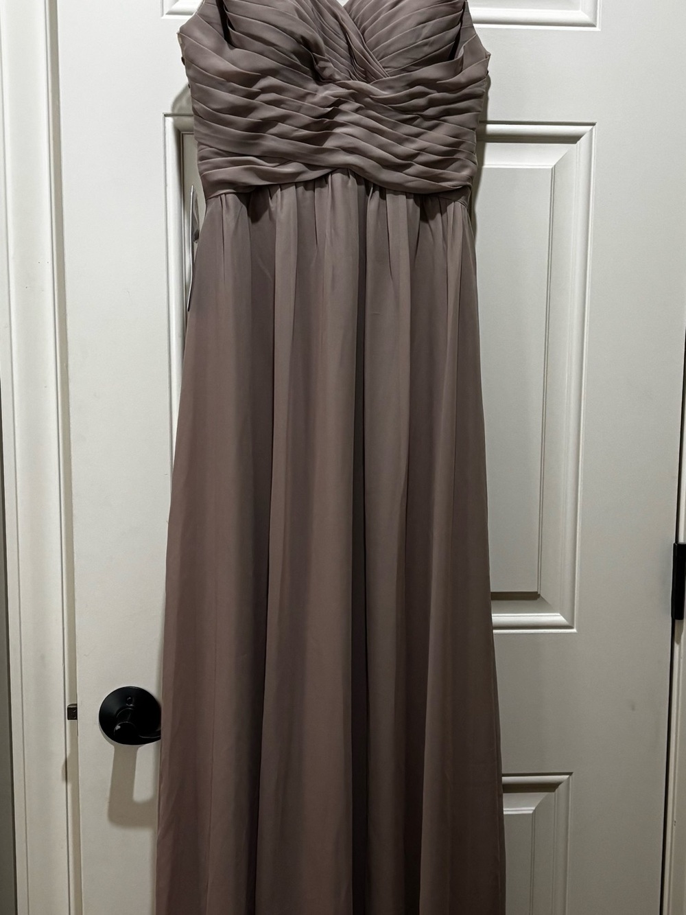 Azazie Strapless Taupe Chiffon Maxi Dress